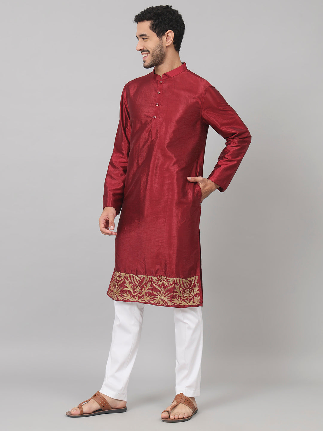 Zari Embroidered Silk Kurta by Hilo Design