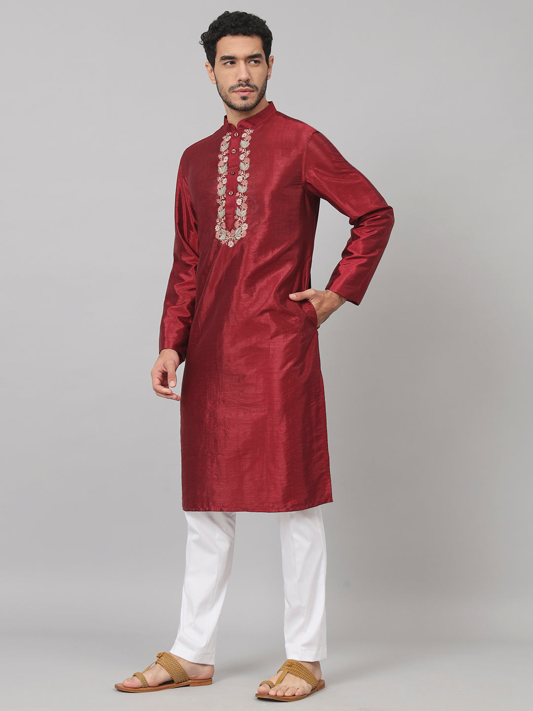 Traditional Neckline Embroidered Silk Kurta by Hilo Design - Distacart