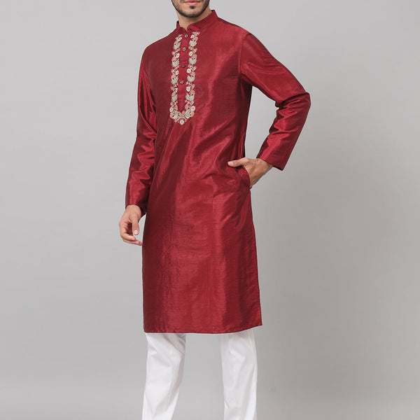 Traditional Neckline Embroidered Silk Kurta by Hilo Design - Distacart