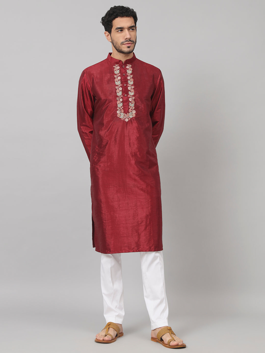 Traditional Neckline Embroidered Silk Kurta by Hilo Design - Distacart