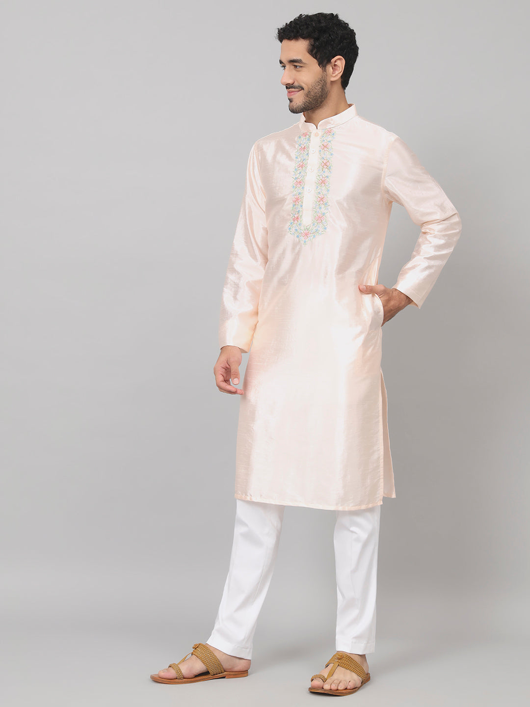 Pastels Neckline Embroidered Silk Kurta by Hilo Design - Distacart