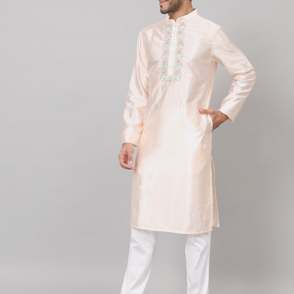 Pastels Neckline Embroidered Silk Kurta by Hilo Design - Distacart