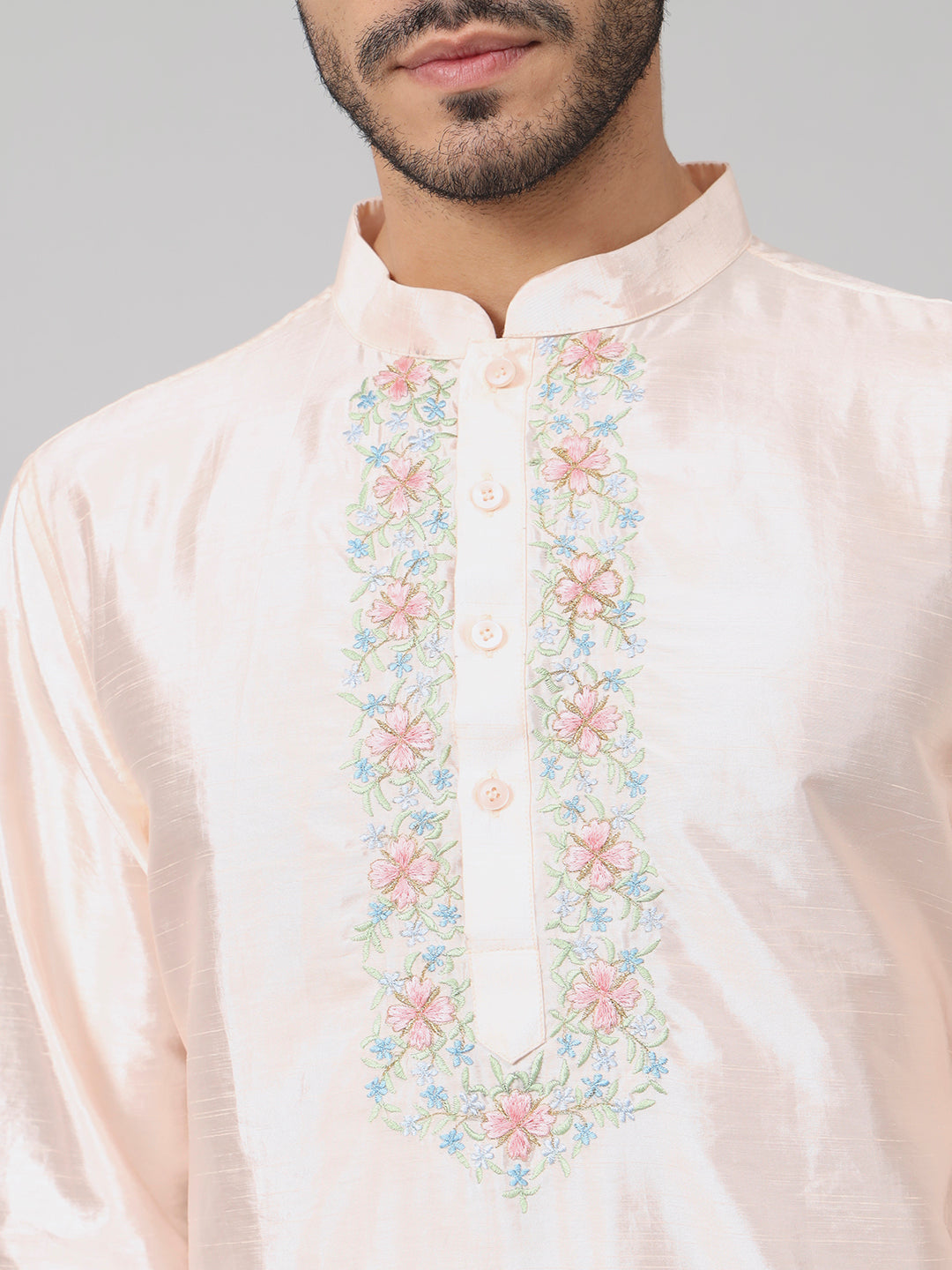 Pastels Neckline Embroidered Silk Kurta by Hilo Design - Distacart