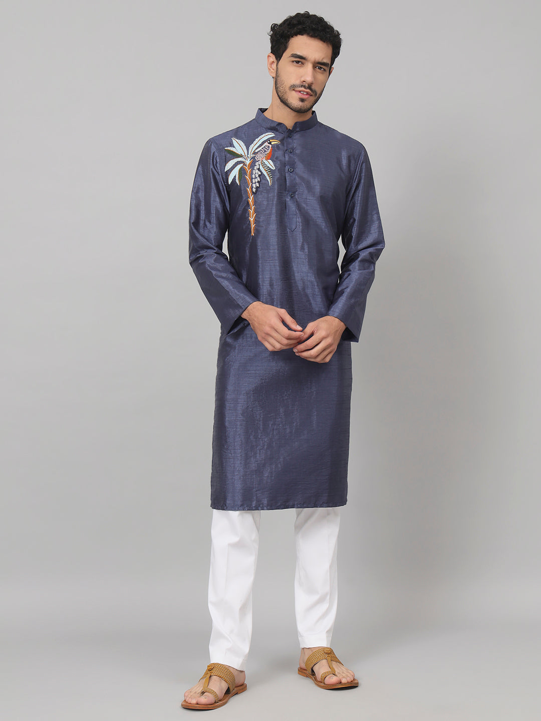 Sapphire Embroidered Silk Kurta by Hilo Design - Distacart