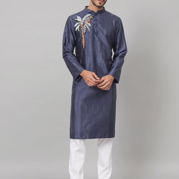Sapphire Embroidered Silk Kurta by Hilo Design - Distacart
