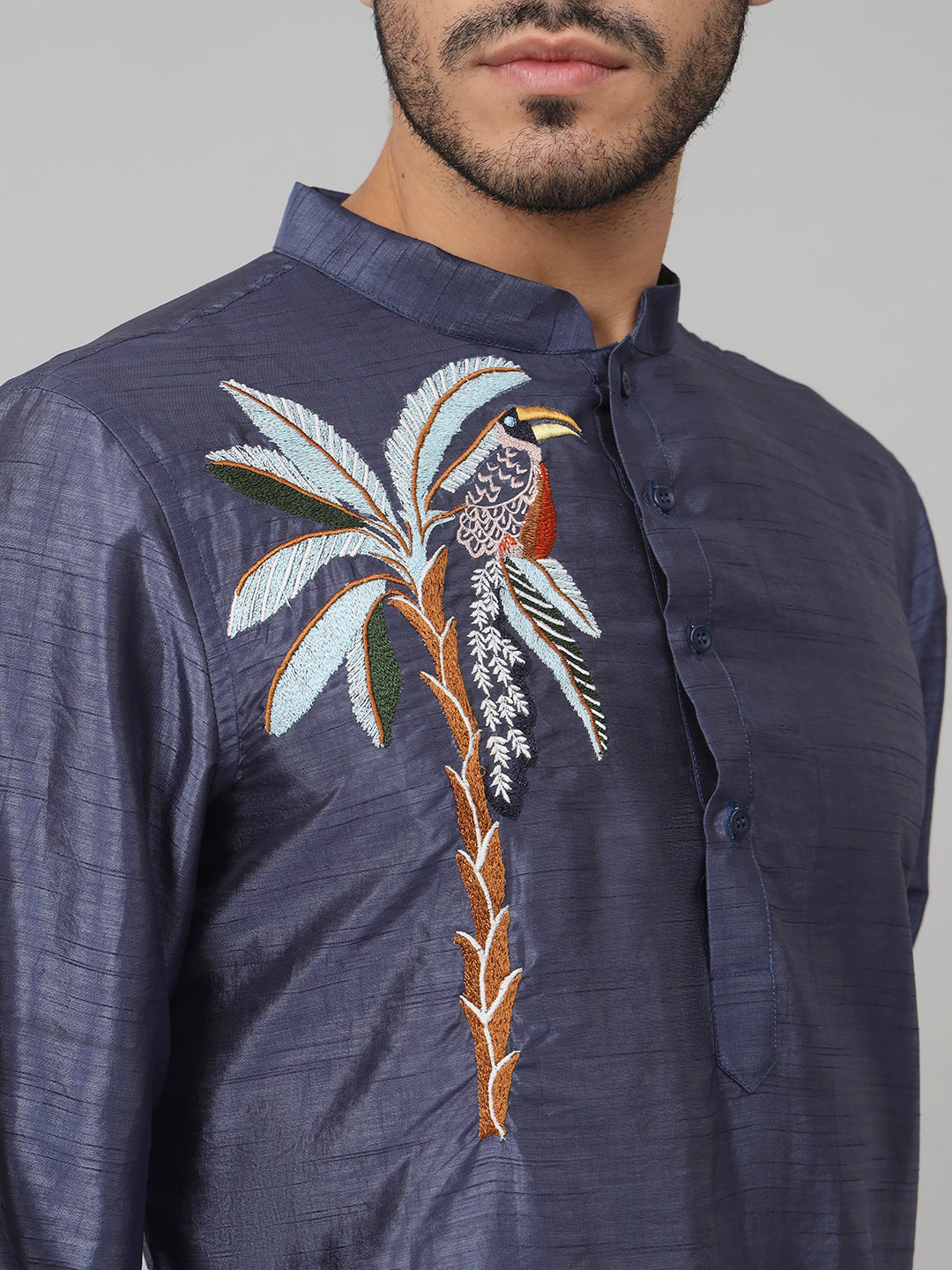 Sapphire Embroidered Silk Kurta by Hilo Design - Distacart