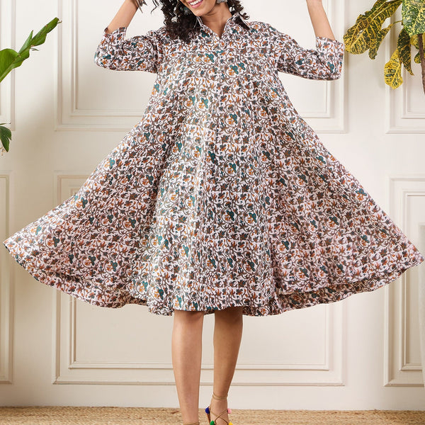 InWeave Teal Floral Sage Jaal Print Collar Dress - Distacart