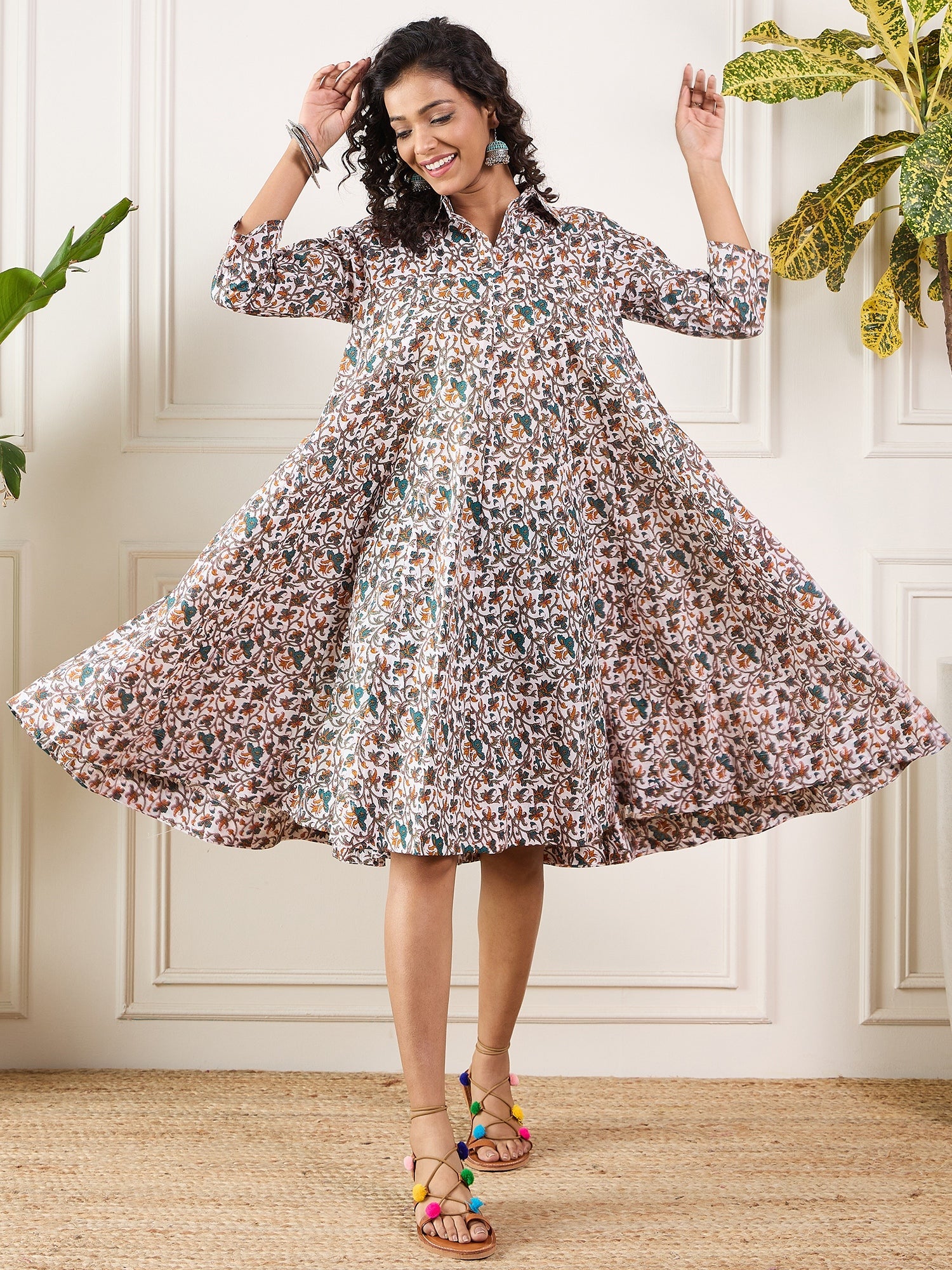 InWeave Teal Floral Sage Jaal Print Collar Dress - Distacart