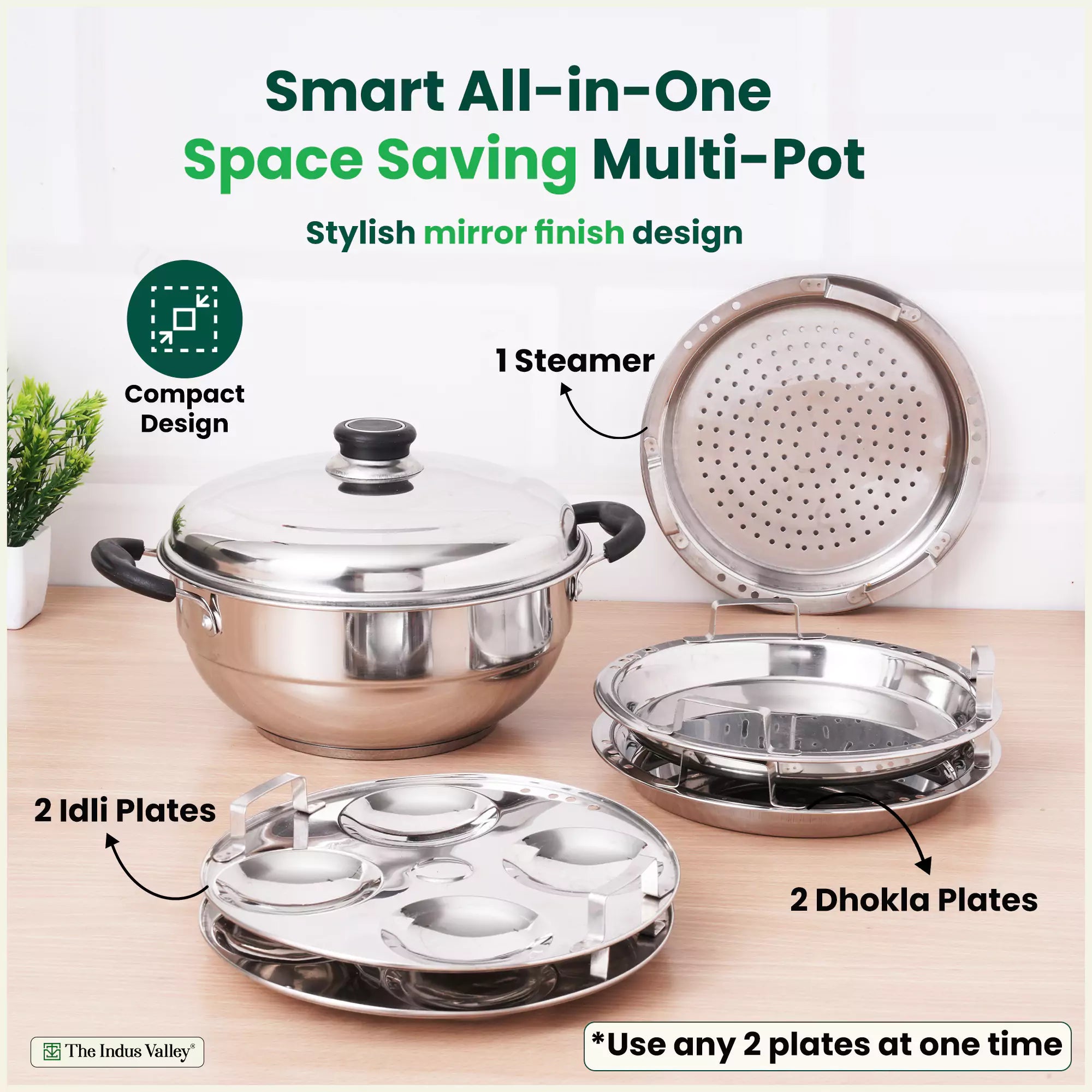 The Indus Valley 8 Pit Tri-Steel Multi Pot Premium Stainless Steel Idli/ Dhokla/ Momo Maker/ Veg Steaming Set, Tri-ply Induction Bottom, 5 Plates, 3L