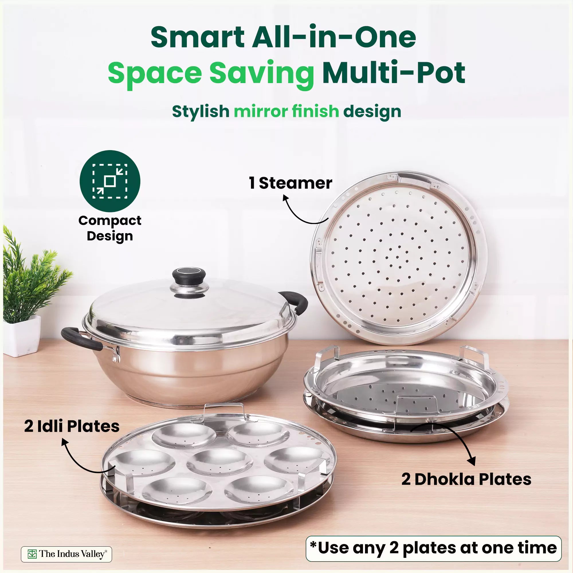 The Indus Valley 14 Pit Tri-Steel Multi Pot Premium Stainless Steel Idli/ Dhokla/ Momo Maker/  Veg Steaming Set, Tri-ply Induction Bottom, 5 Plates, 4.2L, 2.5kg