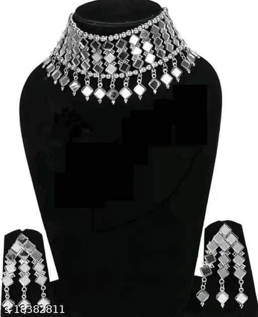Tehzeeb Creations Women's Silver Colour Oxidised Necklace And Earring With Mirror Work - Distacart