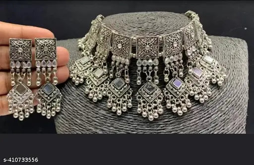 Tehzeeb Creations Women's Silver Colour Oxidised Necklace Set With Mirror And Beads - Distacart