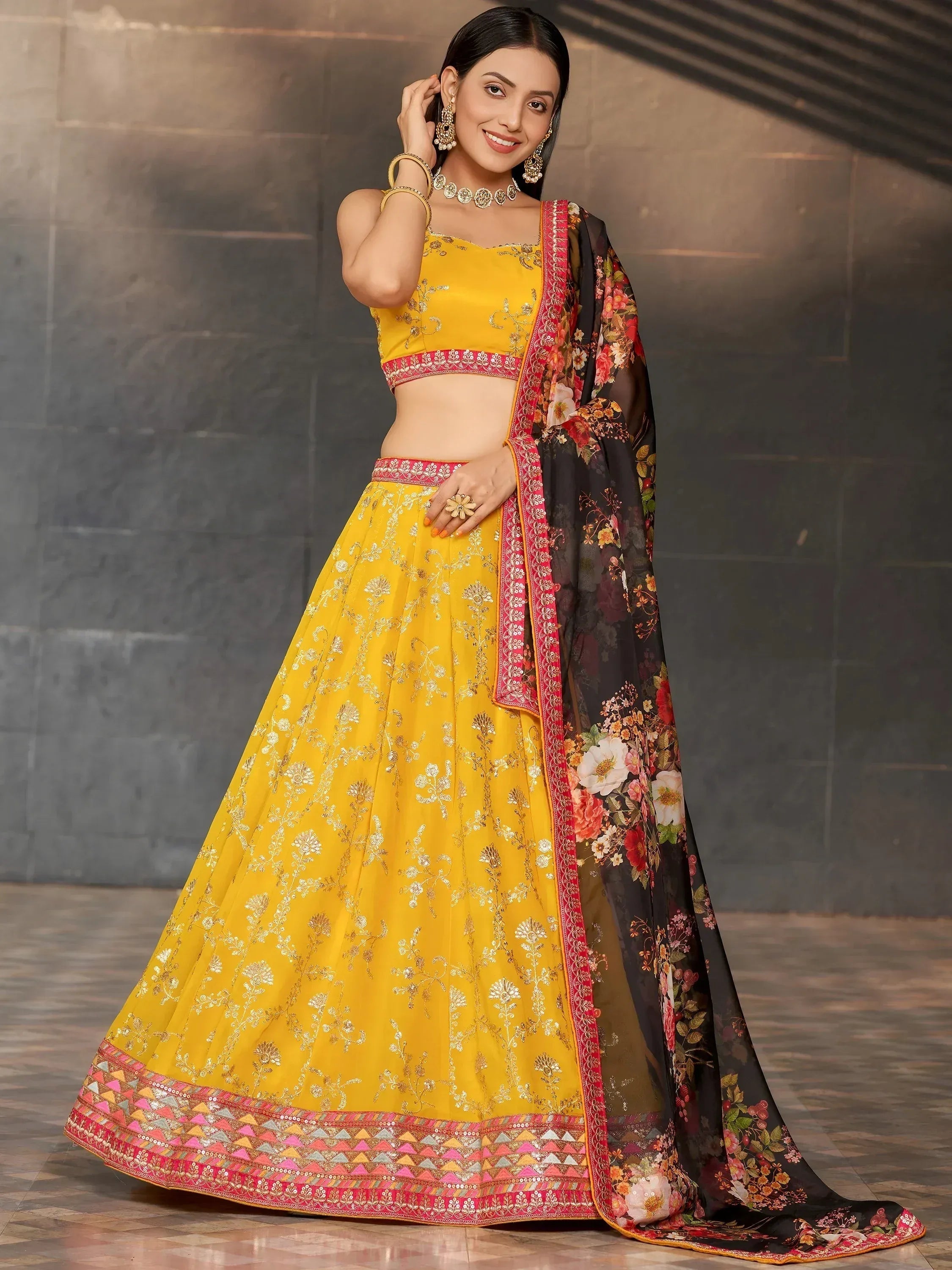 Tulsi Art Astonishing Yellow Sequins Georgette Haldi Wear Lehenga Choli - Dista