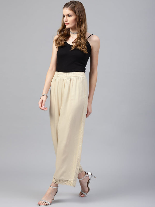 Juniper Beige Solid Rayon Wide Leg Women Palazzo With One Pocket - Distacart