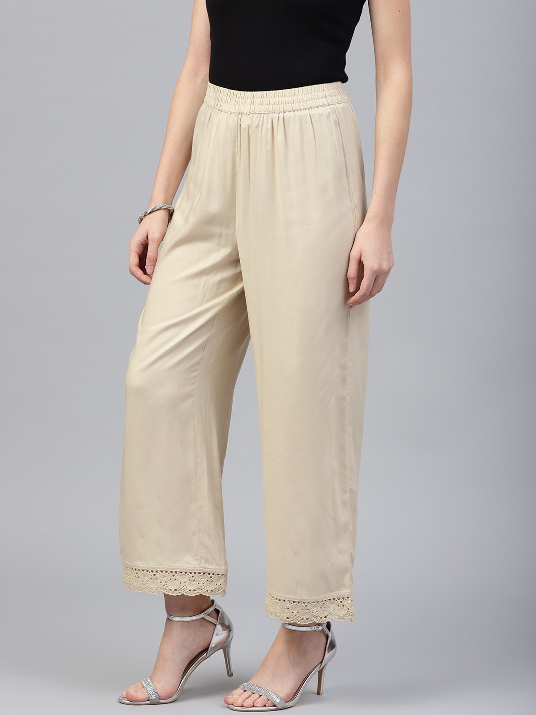 Juniper Beige Solid Rayon Wide Leg Women Palazzo With One Pocket - Distacart