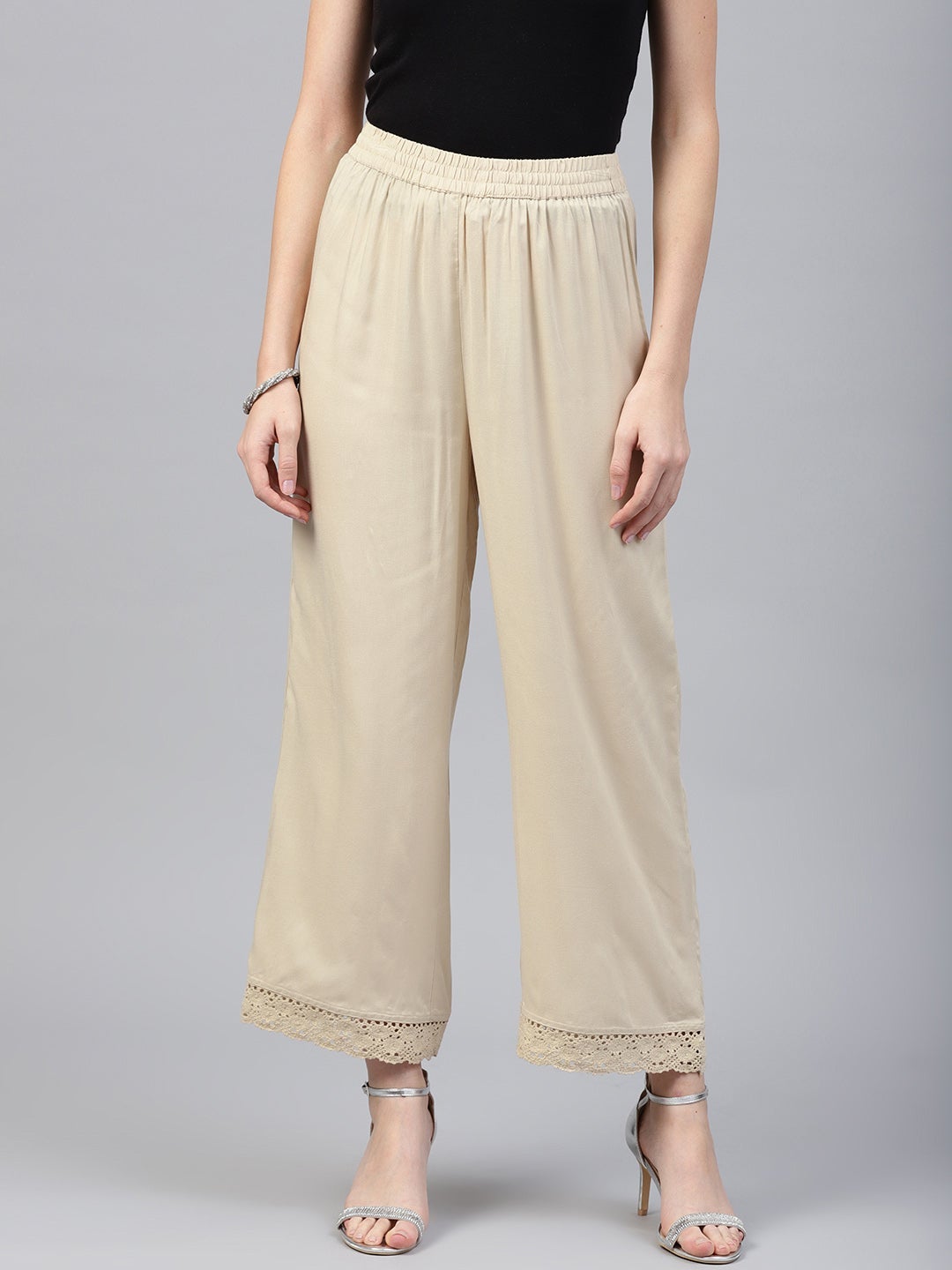 Juniper Beige Solid Rayon Wide Leg Women Palazzo With One Pocket - Distacart
