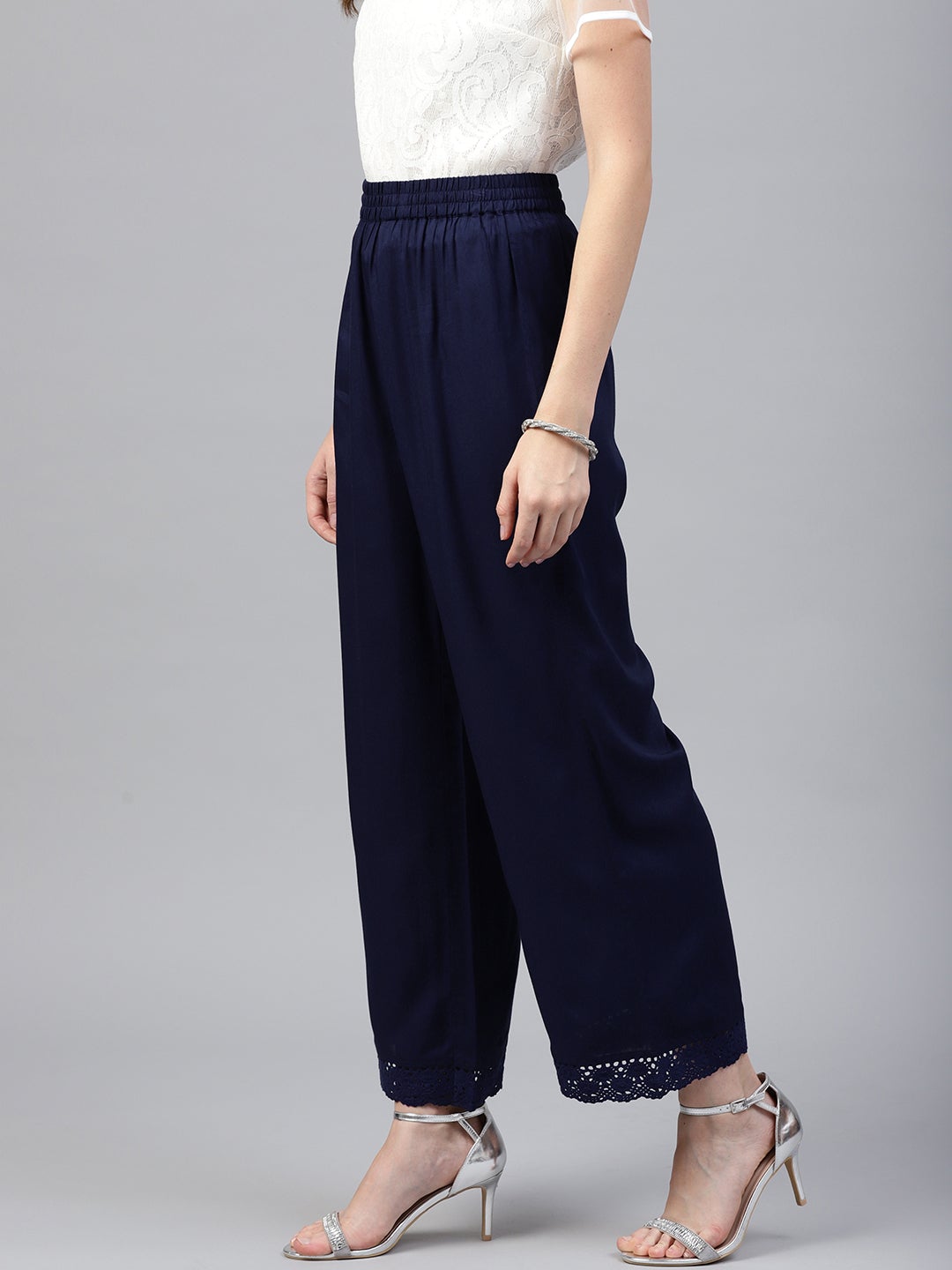 Juniper Navy Blue Solid Rayon Wide Leg Women Palazzo With One Pocket - Distacart
