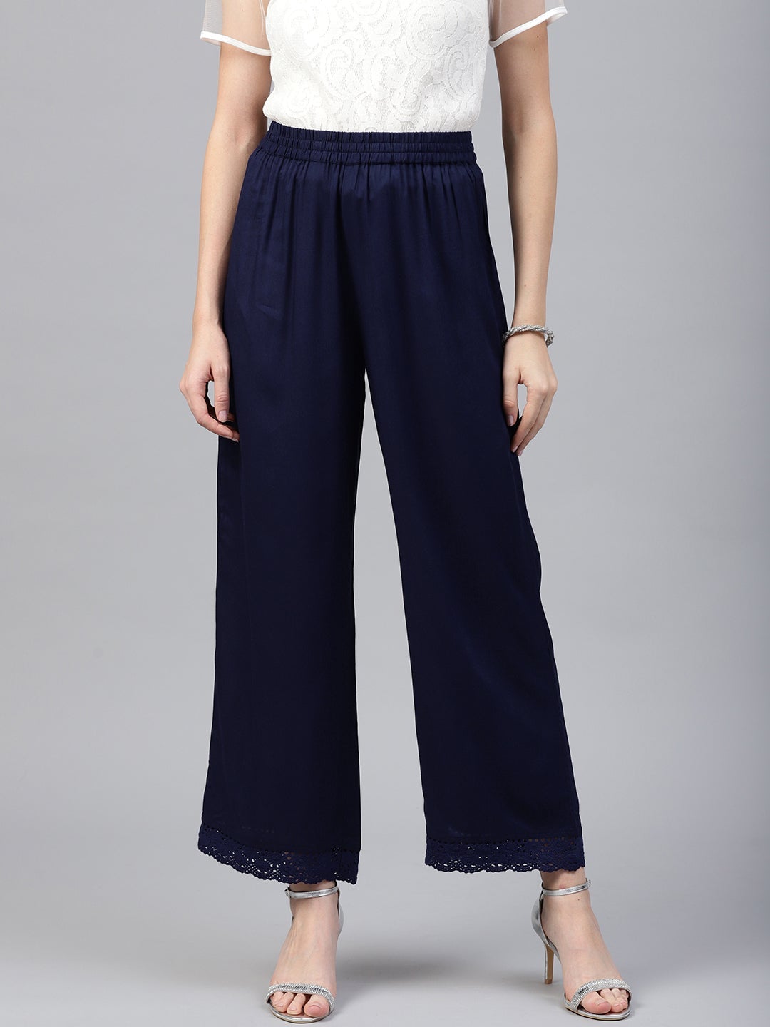 Juniper Navy Blue Solid Rayon Wide Leg Women Palazzo With One Pocket - Distacart