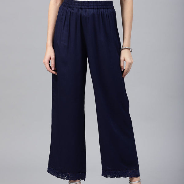 Juniper Navy Blue Solid Rayon Wide Leg Women Palazzo With One Pocket - Distacart