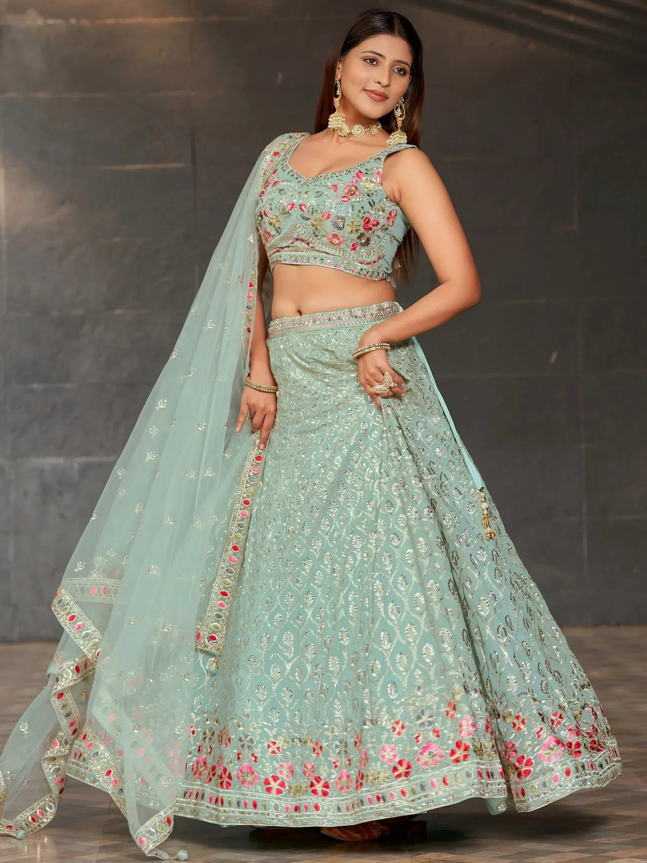 Tulsi Art Awesome Sky-Blue Sequins Georgette Engagement Wear Lehenga Choli - Dista
