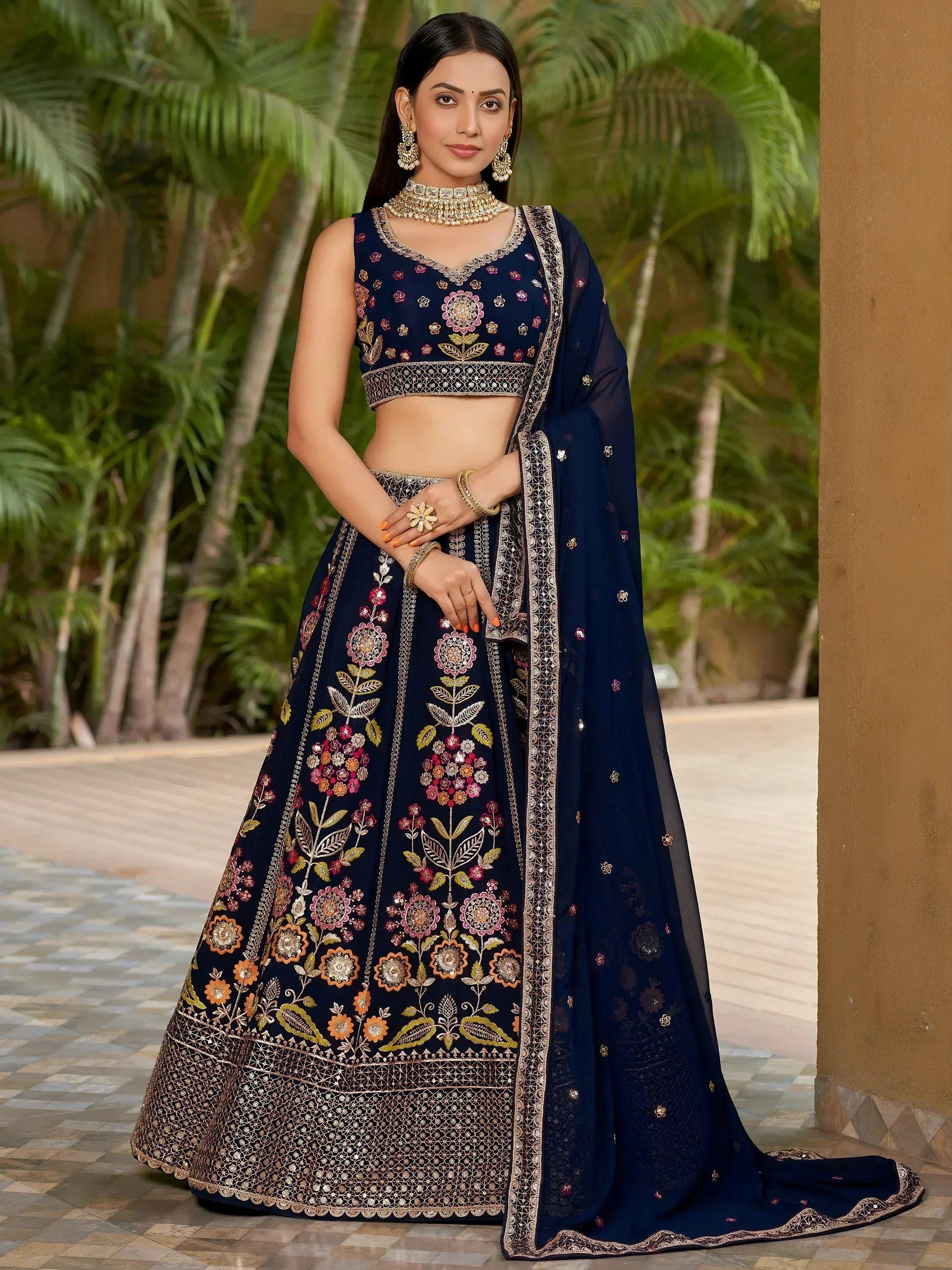 Tulsi Art Amazing Navy Blue Thread Embroidered Georgette Lehenga Choli