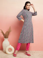 Thumbnail for Aks Floral Printed Mandarin Collar Cotton Anarkali Kurta - Distacart