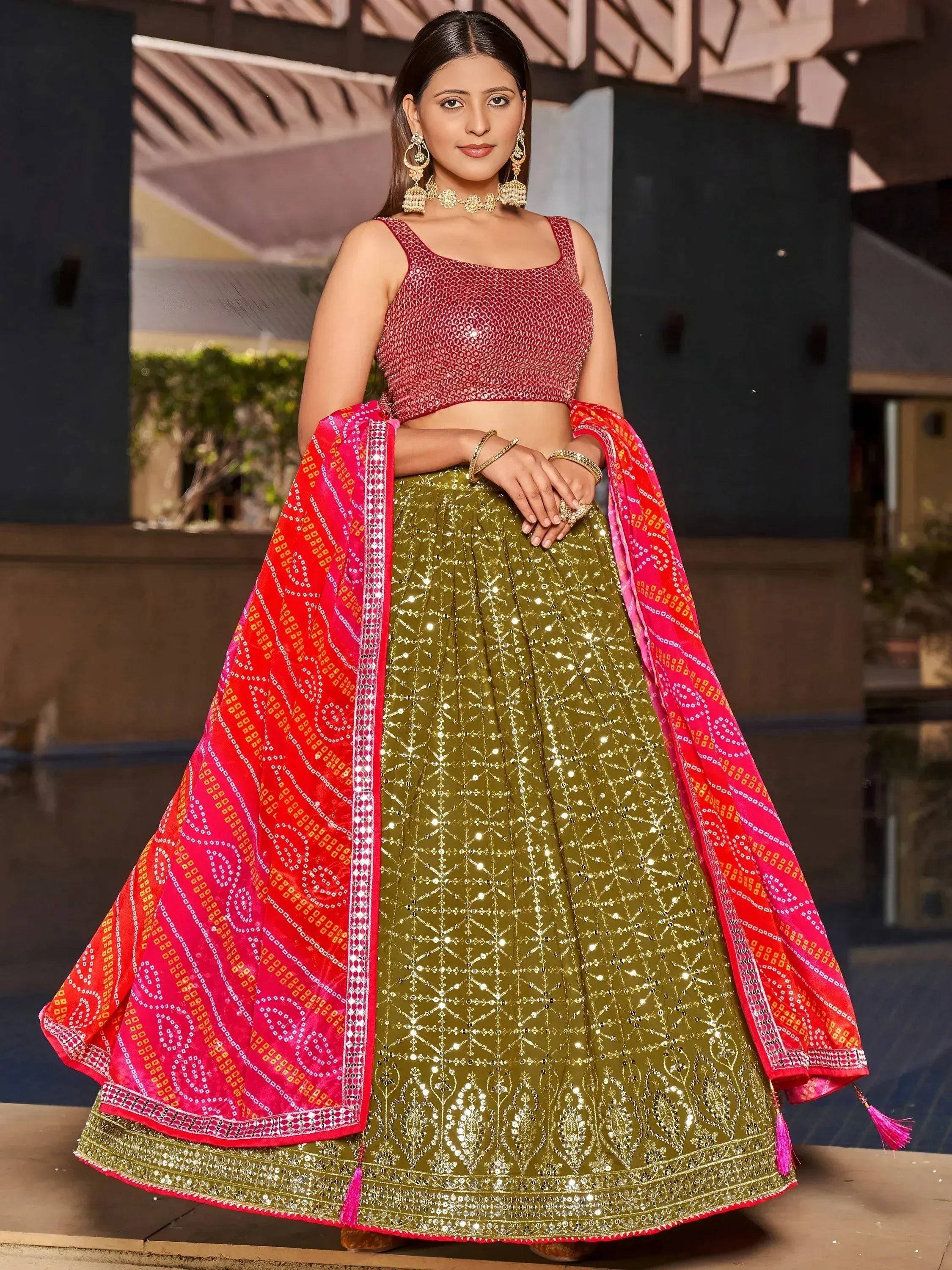 Tulsi Art Marvelous Olive Green Sequins Georgette Sangeet Wear Lehenga Choli - Dista