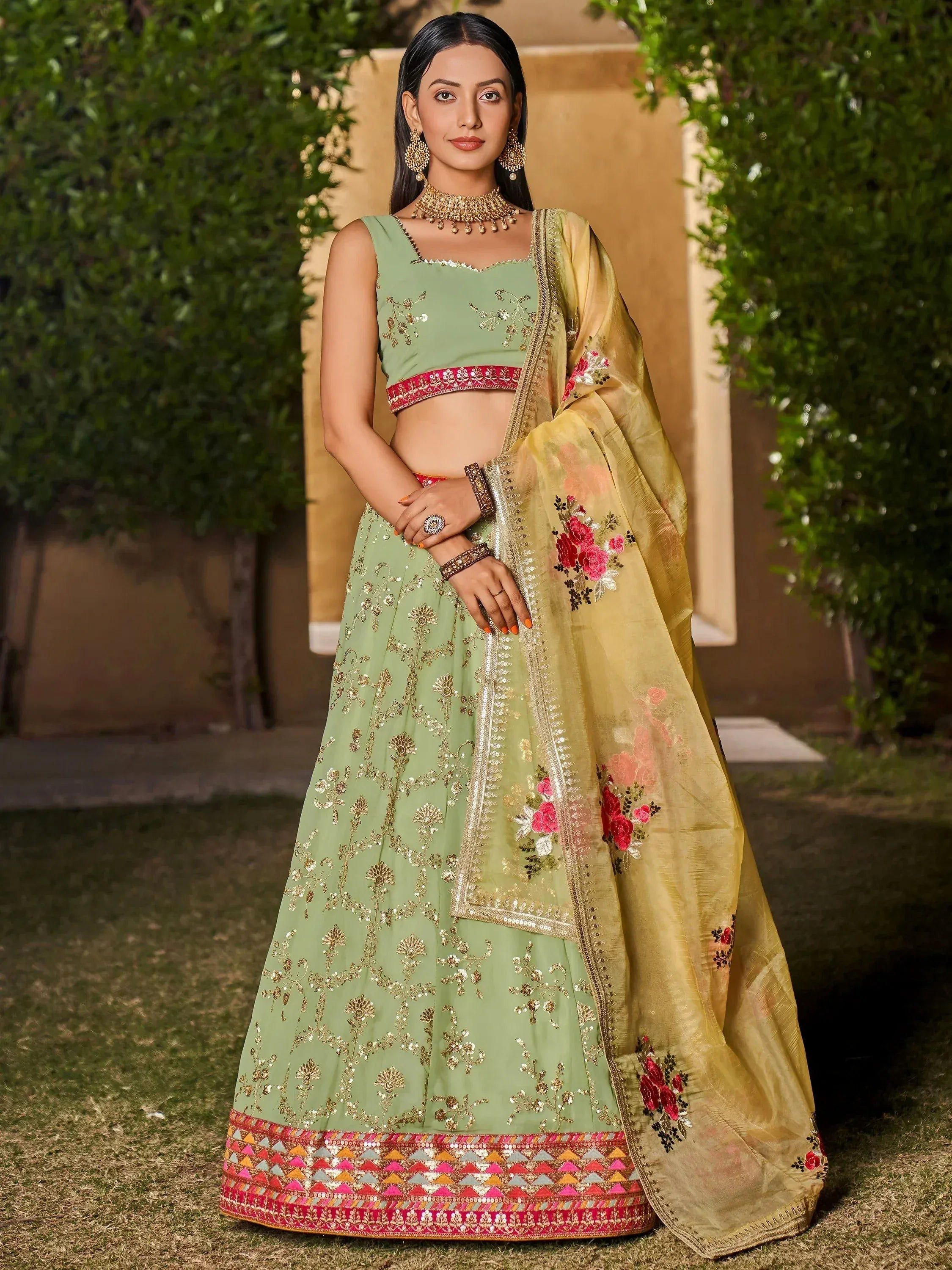 Tulsi Art Incredible Pista Green Sequins Georgette Lehenga Choli With Dupatta - Dista