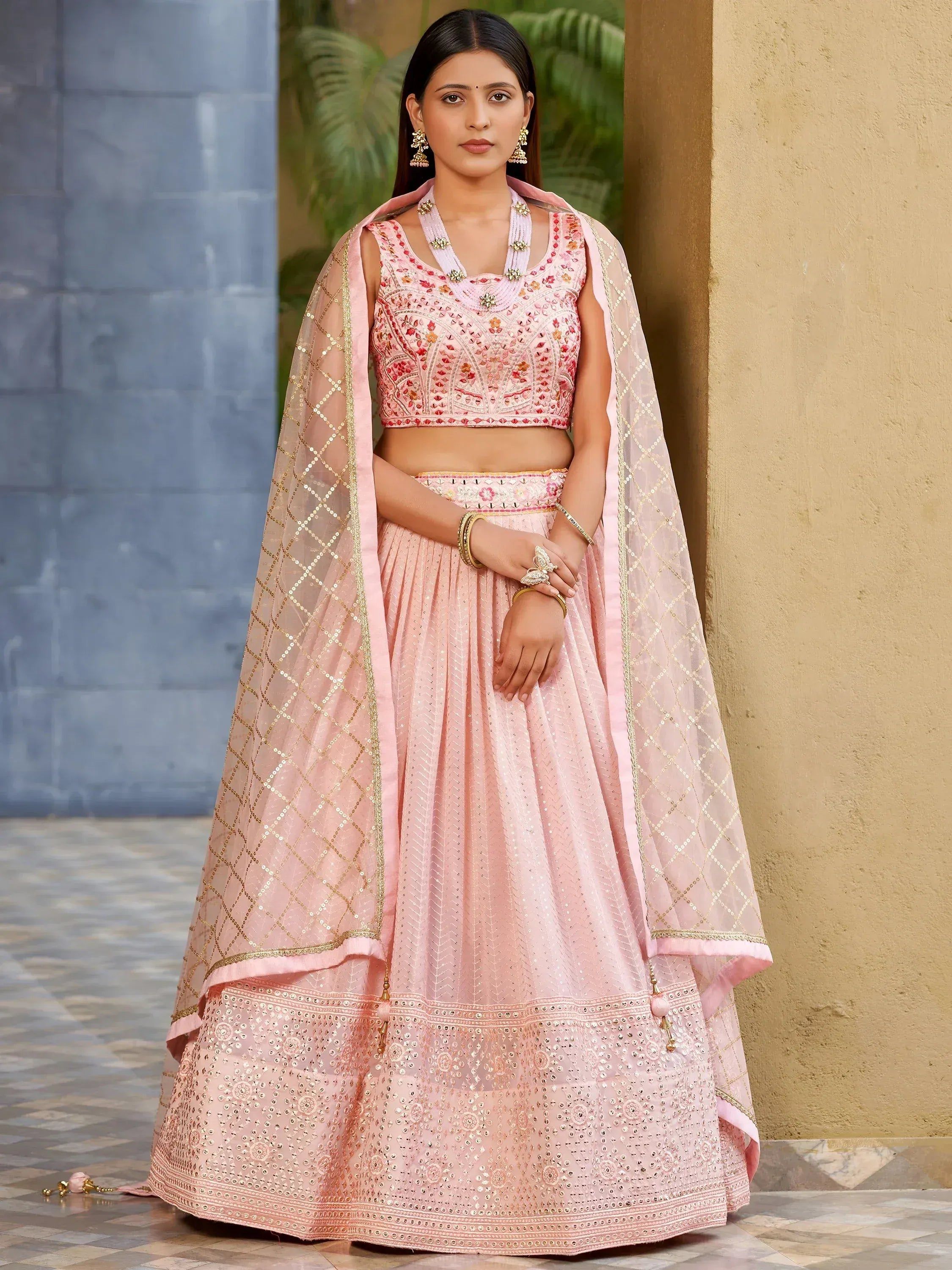 Tulsi Art Beautiful Pink Sequins Art Silk Bridesmaid Lehenga Choli With Dupatta - Dista