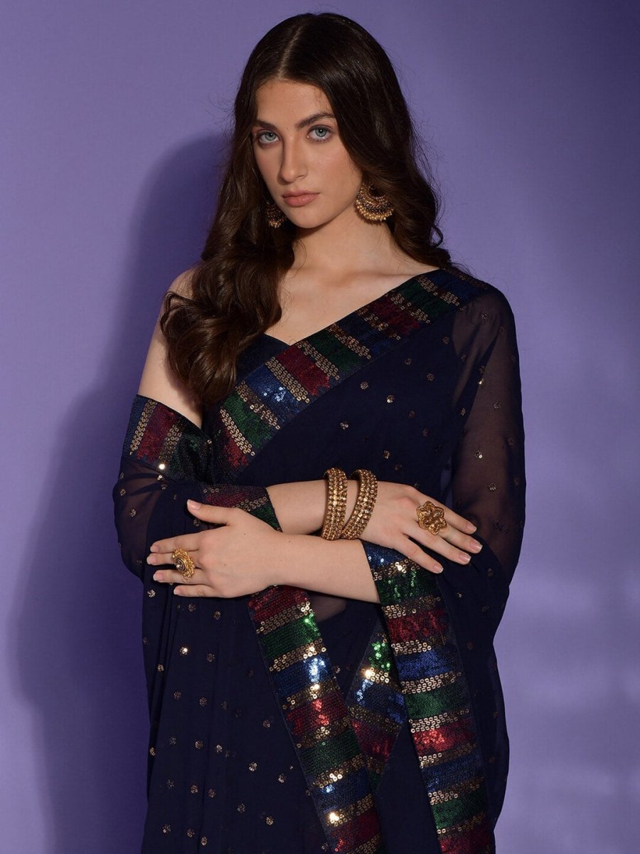 Anouk Navy Blue & Gold-Toned Floral Sequinned Pure Georgette Saree - Distacart