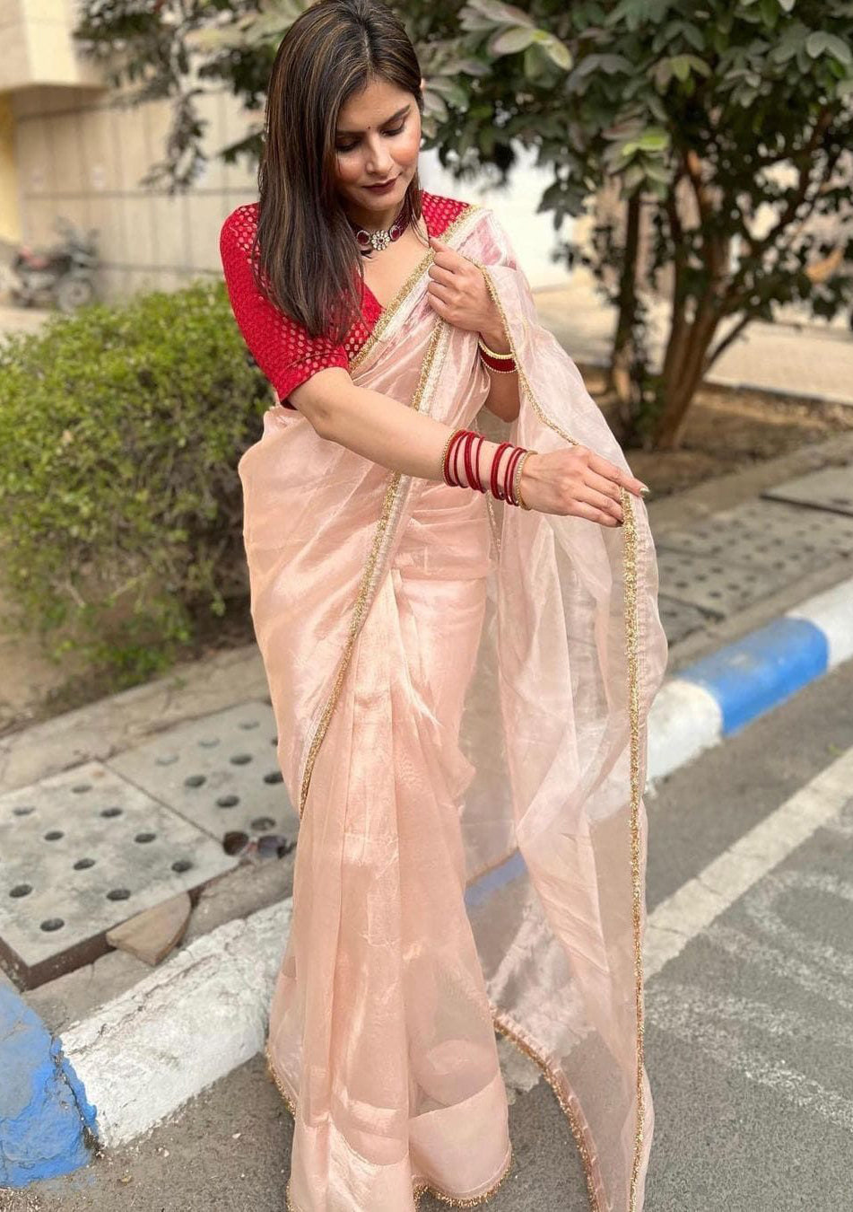 Lorenvalley Fashion Attractive Peach Crush Tissue Silk Saree With Jacquard Weaving Blouse - Distacart