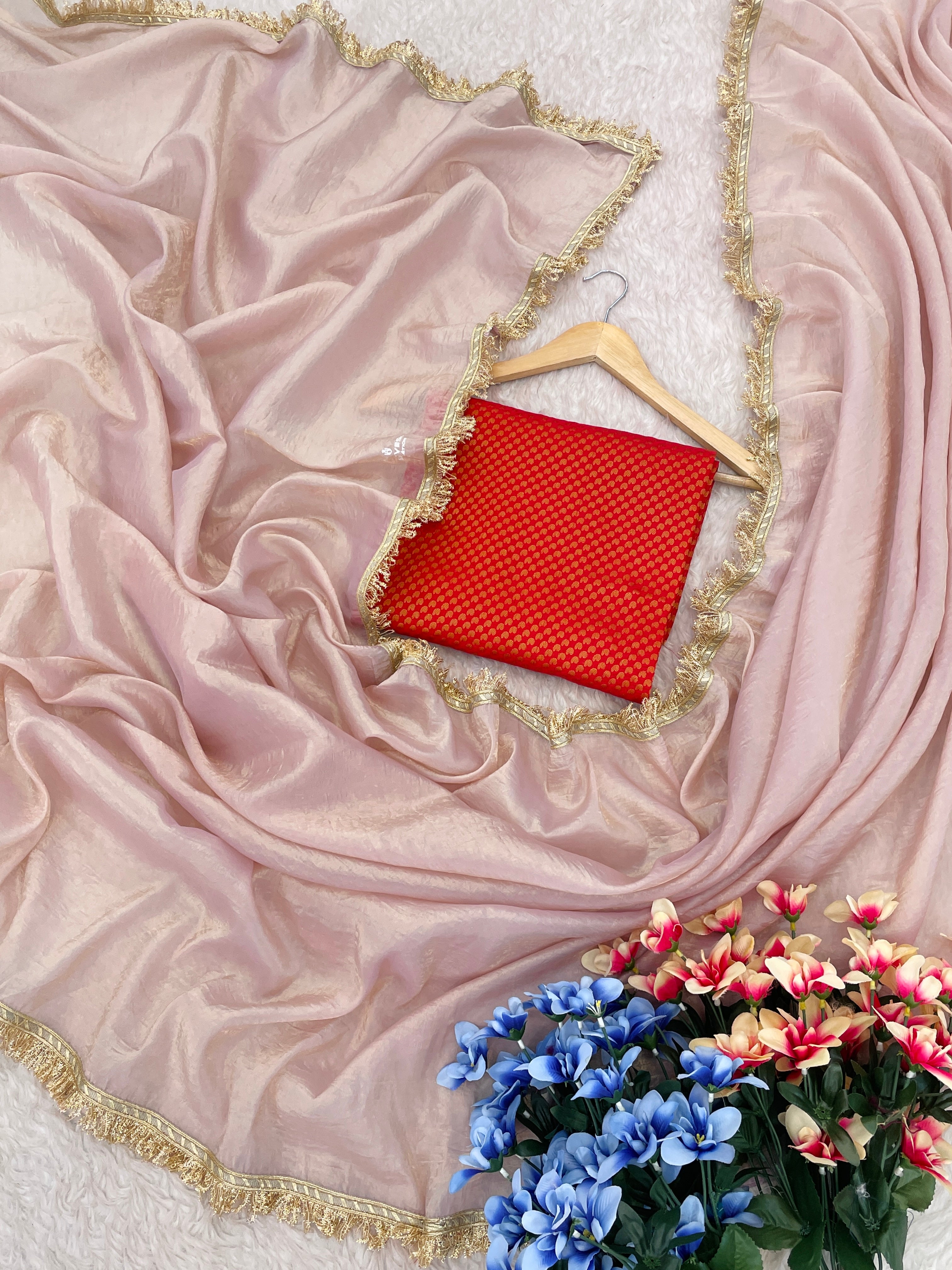 Lorenvalley Fashion Attractive Peach Crush Tissue Silk Saree With Jacquard Weaving Blouse - Distacart