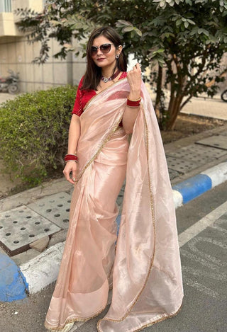 Lorenvalley Fashion Attractive Peach Crush Tissue Silk Saree With Jacquard Weaving Blouse - Distacart