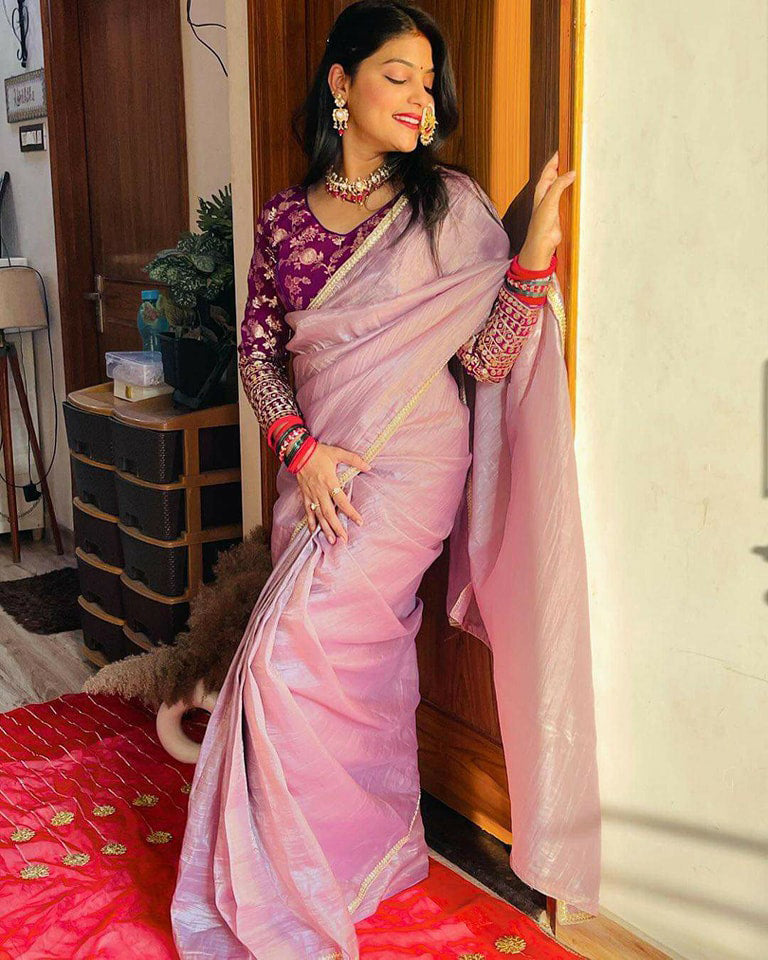 Lorenvalley Fashion Attractive Purple Crush Tissue Silk Saree With Jacquard Weaving Stitched Blouse - Distacart