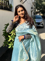 Thumbnail for Lorenvalley Fashion Attractive Pink Crush Tissue Silk Saree With Jacquard Weaving Stitched Blouse - Distacart