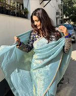 Thumbnail for Lorenvalley Fashion Attractive Pink Crush Tissue Silk Saree With Jacquard Weaving Stitched Blouse - Distacart