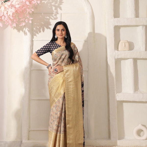 Shivam Fabrics Beige Lichi Patta Fabric Printed Saree - Distacart