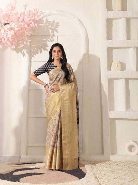 Shivam Fabrics Beige Lichi Patta Fabric Printed Saree