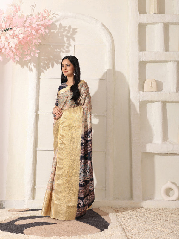 Shivam Fabrics Beige Lichi Patta Fabric Printed Saree