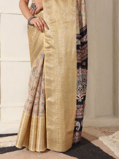 Shivam Fabrics Beige Lichi Patta Fabric Printed Saree - Distacart