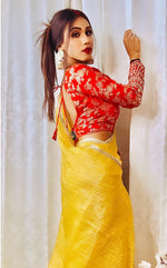 Thumbnail for Lorenvalley Fashion Attractive Yellow Crush Tissue Silk Saree With Jacquard Weaving Stitched Blouse - Distacart