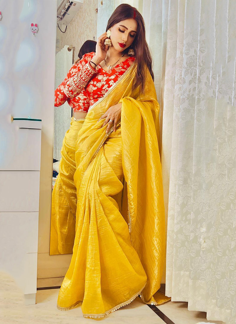 Lorenvalley Fashion Attractive Yellow Crush Tissue Silk Saree With Jacquard Weaving Stitched Blouse - Distacart