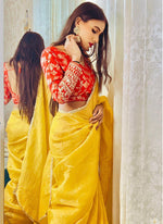 Thumbnail for Lorenvalley Fashion Attractive Yellow Crush Tissue Silk Saree With Jacquard Weaving Stitched Blouse - Distacart