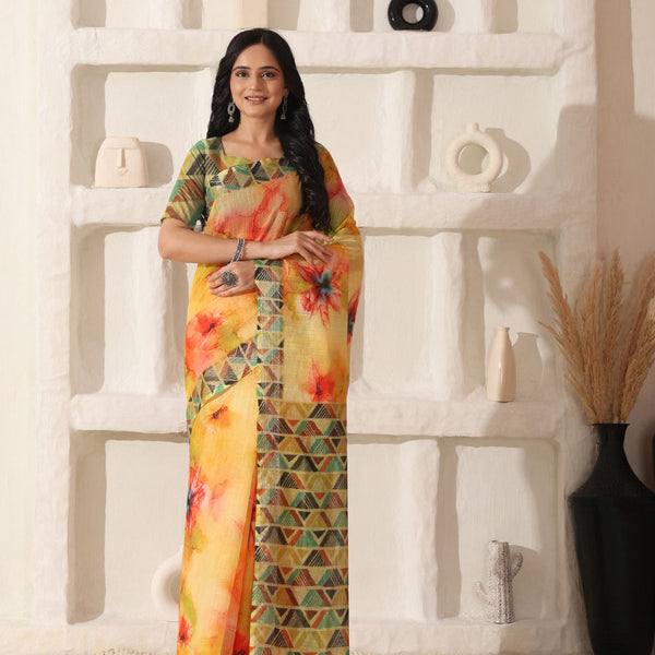 Shivam Fabrics Yellow Linen Fabric Printed Saree