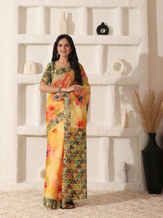 Shivam Fabrics Yellow Linen Fabric Printed Saree