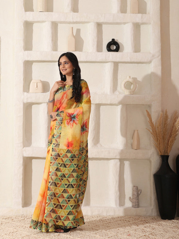Shivam Fabrics Yellow Linen Fabric Printed Saree