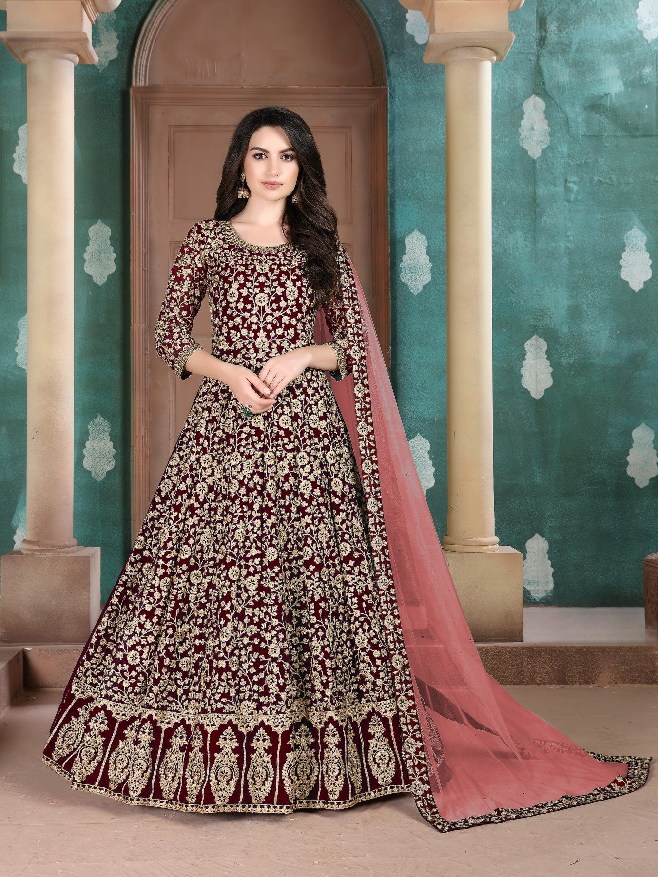 Anaita Maroon Embroidered Faux Georgette Anarkali Suit - Distacart