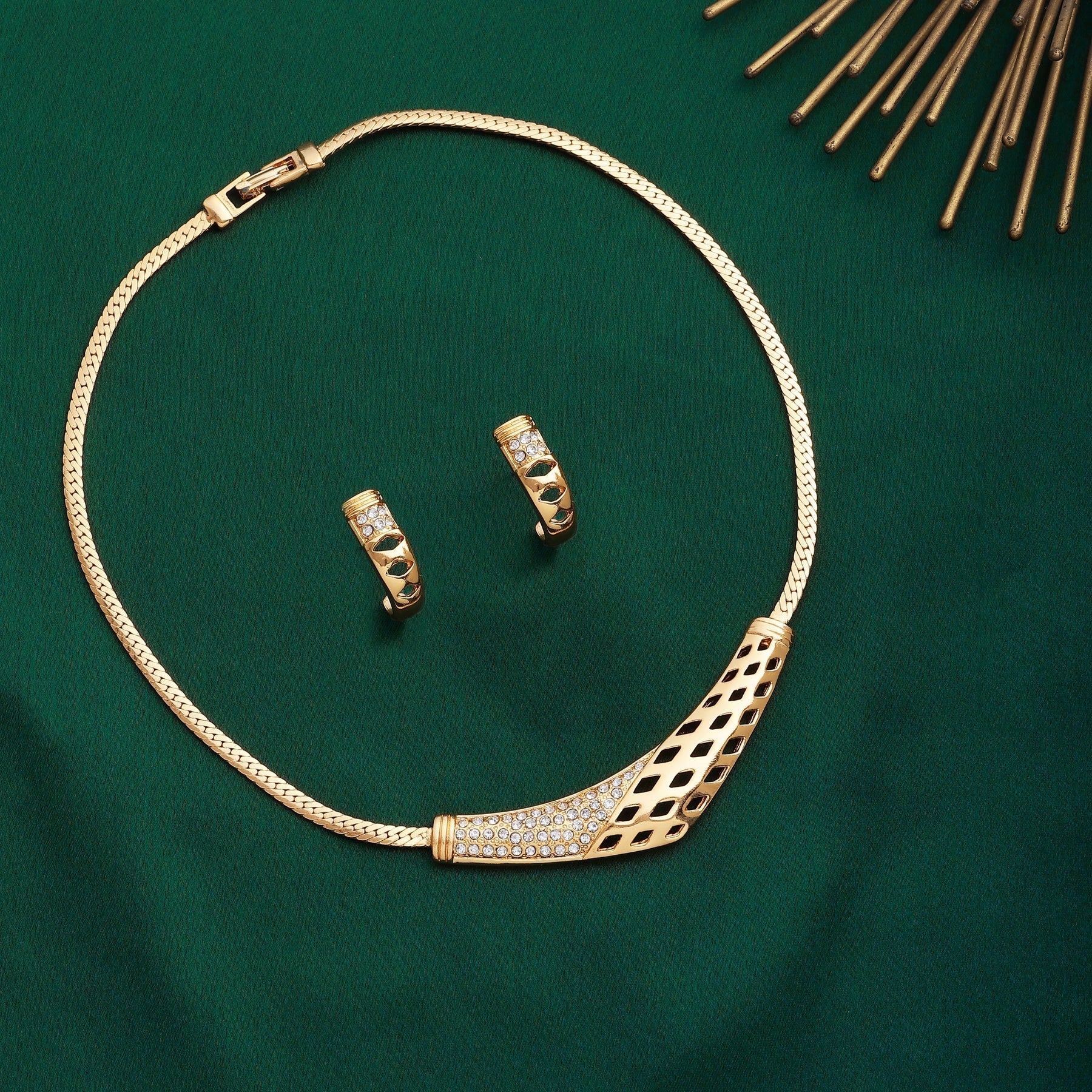 Estele Gold-Polished Boomerang Designer Necklace Set with White Austrian Crystals for Women - Distacart