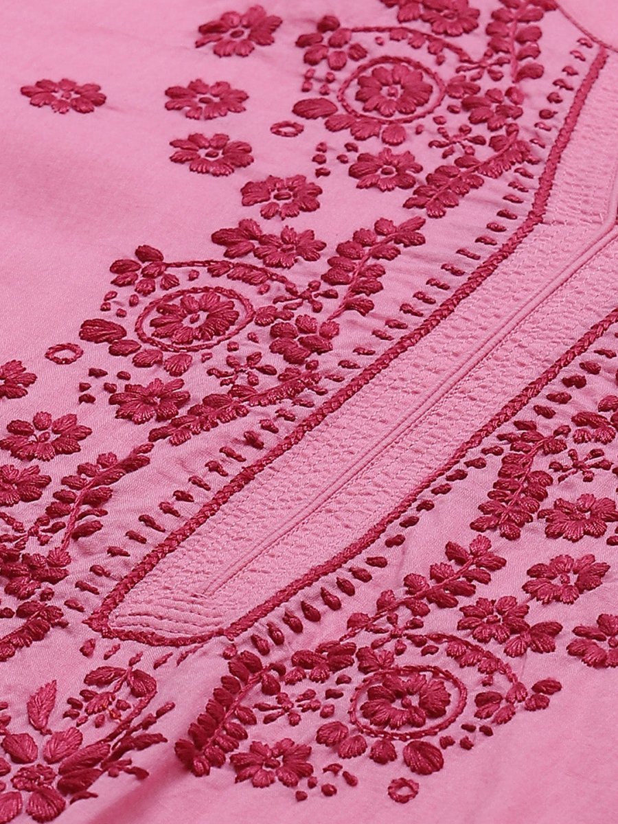 ADA Women Pink & Red Chikankari Embroidered Sustainable Handloom Kurta with Trousers - Distacart