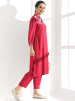 Thumbnail for Anouk Fuchsia Floral Yoke Design Thread Work Detailed Straight Kurta With Trouser